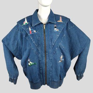 Vintage 1980s Applique Denim Jacket Nautical Lighthouses RAD Rhinestones Studs B